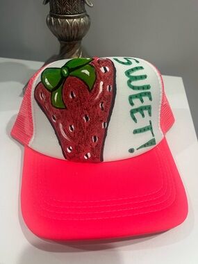 Hand Painted Hot Pink Strawberry Trucker Hat - Sweet Design